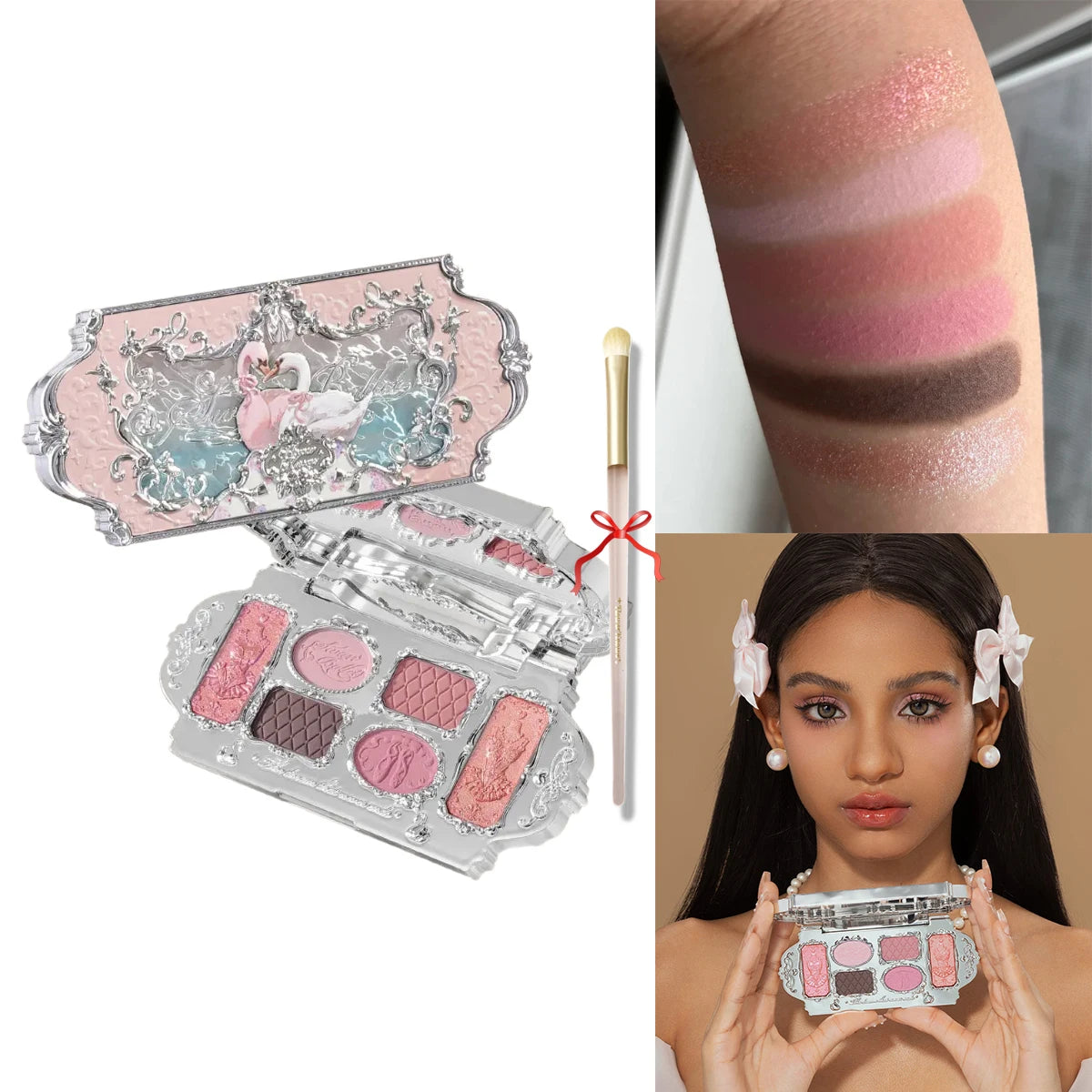 Flower Knows Swan Ballet 6 Color Eyeshadow Palette Matte Shimmer Pearl Glitter Waterproof Highly Pigmented Long Lasting Makeup