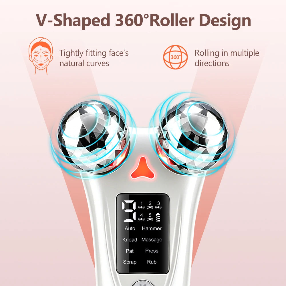 Facial Roller Massager 8 EMS Modes 5 Vibration Red Light 360 Rotating Rollers Eye Area Face Lifting with LED Display Base
