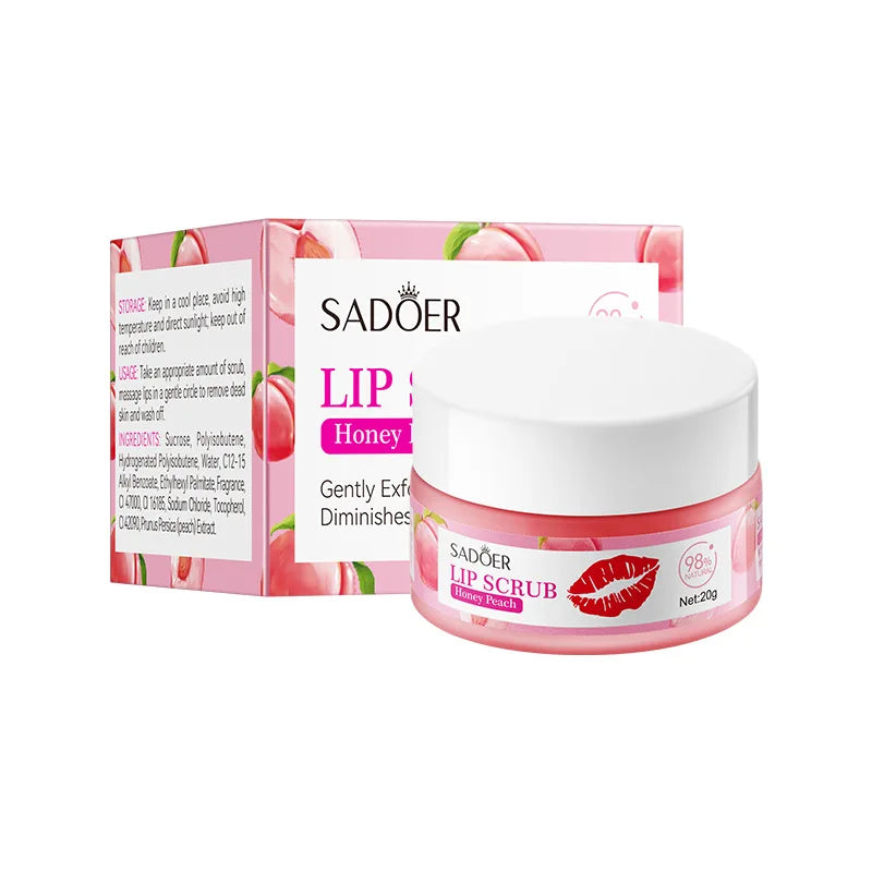 SADOER Strawberry Peach Lip Scrub Exfoliating Dead Skin Removal Dark Lip Fading &amp; Moisturizing Hydrating Lip Balm Oil
