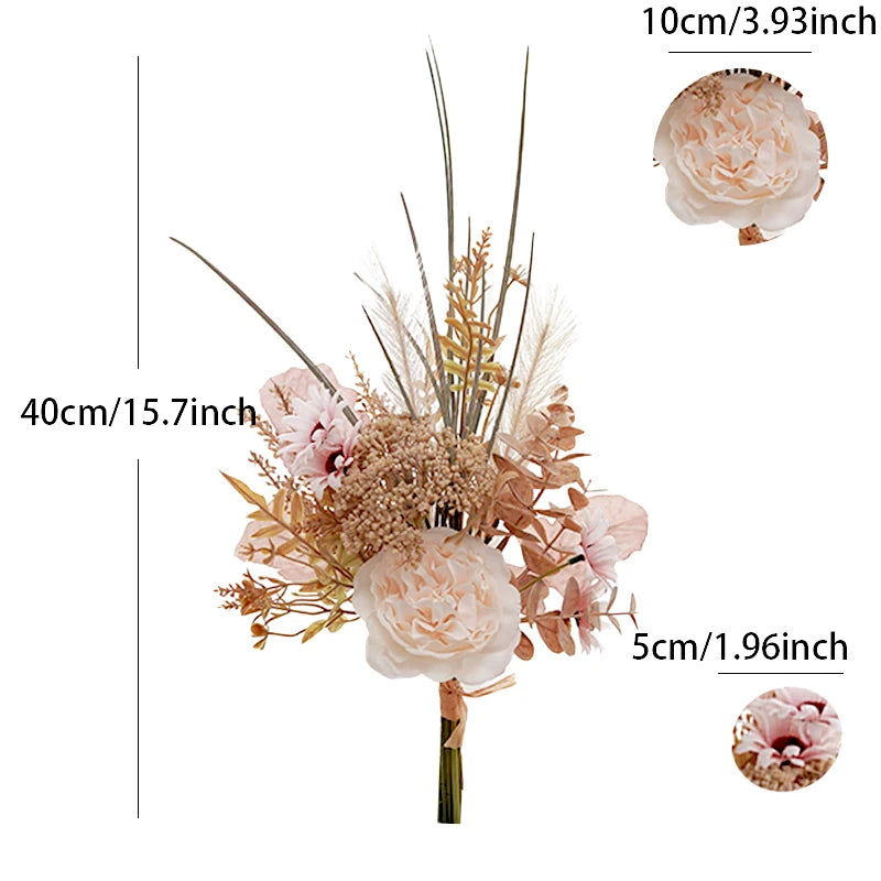 Artificial Flowers Exquisite Peony Rose Reed Bouquet Fake Home Office Eucalyptus Plant Decor DIY Silk Wedding Holiday Decoration