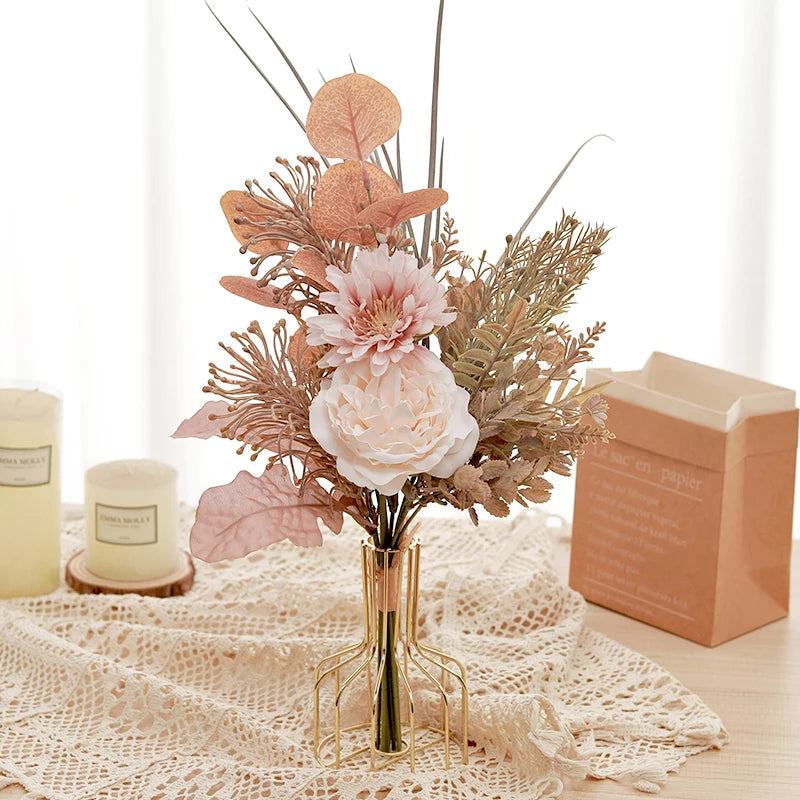 Artificial Flowers Exquisite Peony Rose Reed Bouquet Fake Home Office Eucalyptus Plant Decor DIY Silk Wedding Holiday Decoration
