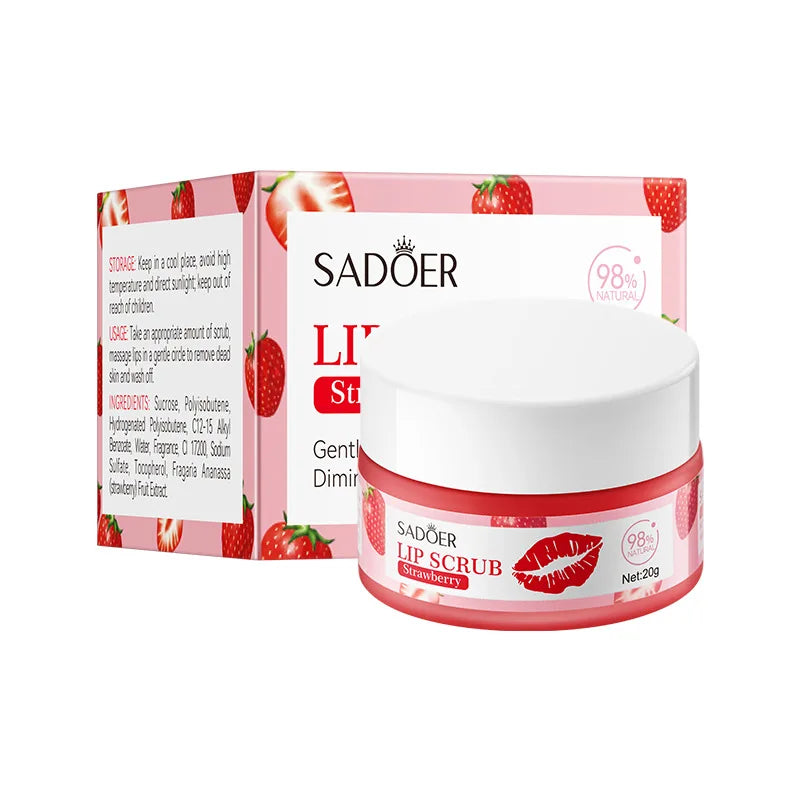 SADOER Strawberry Peach Lip Scrub Exfoliating Dead Skin Removal Dark Lip Fading &amp; Moisturizing Hydrating Lip Balm Oil
