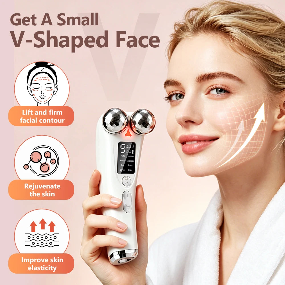 Facial Roller Massager 8 EMS Modes 5 Vibration Red Light 360 Rotating Rollers Eye Area Face Lifting with LED Display Base