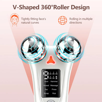 Facial Roller Massager 8 EMS Modes 5 Vibration Red Light 360 Rotating Rollers Eye Area Face Lifting with LED Display Base