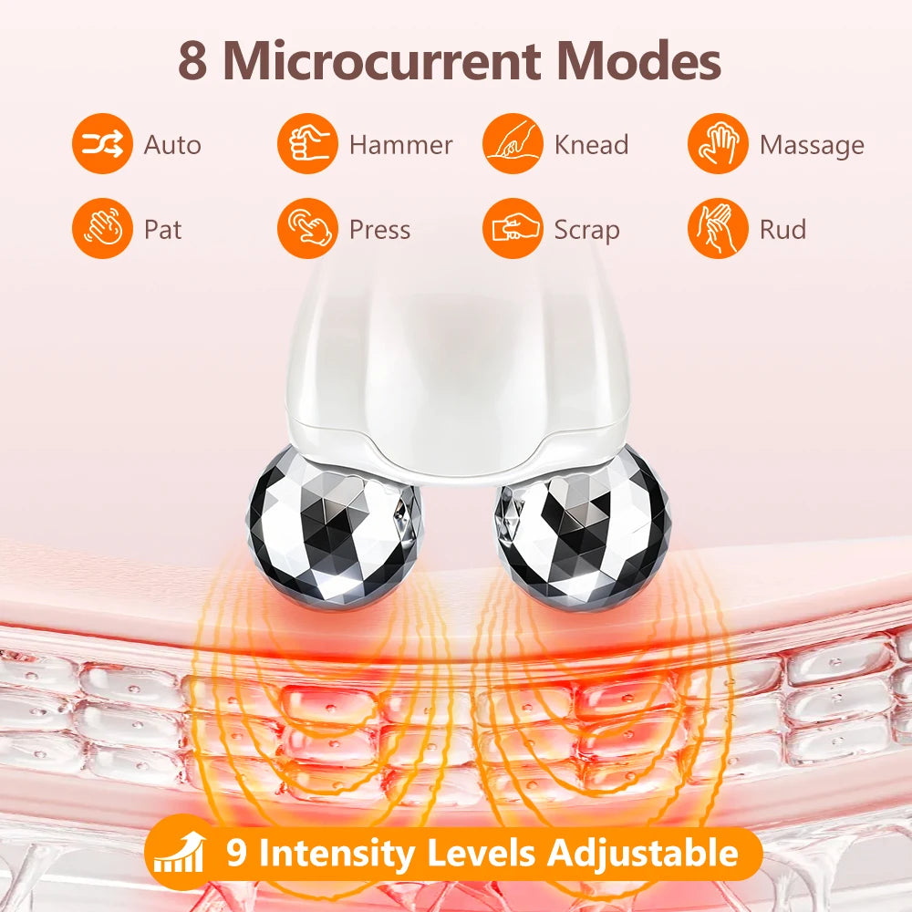 Facial Roller Massager 8 EMS Modes 5 Vibration Red Light 360 Rotating Rollers Eye Area Face Lifting with LED Display Base