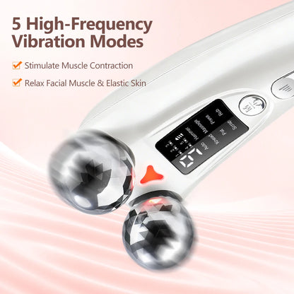 Facial Roller Massager 8 EMS Modes 5 Vibration Red Light 360 Rotating Rollers Eye Area Face Lifting with LED Display Base