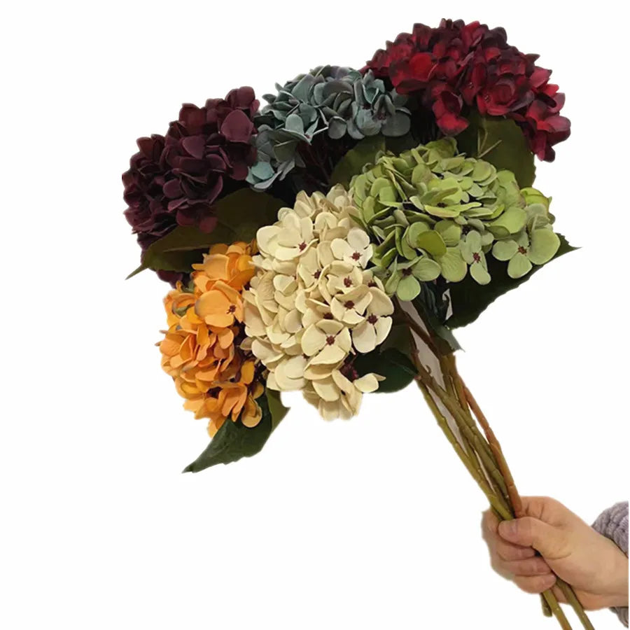 One Artificial Retro Color Hydragea flower Branch Silk Oil Paiting Hydrangea Plant