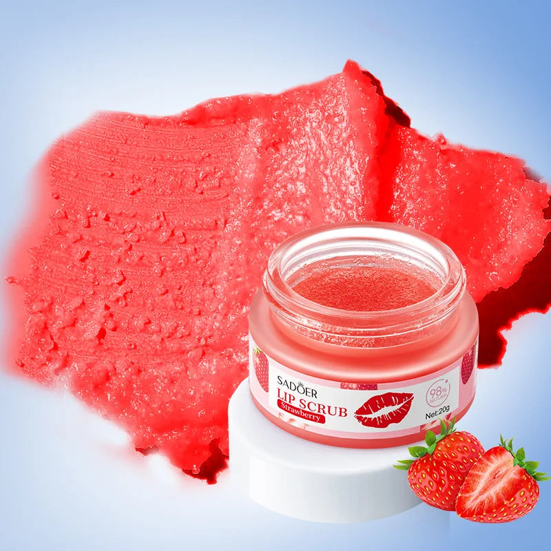 SADOER Strawberry Peach Lip Scrub Exfoliating Dead Skin Removal Dark Lip Fading &amp; Moisturizing Hydrating Lip Balm Oil