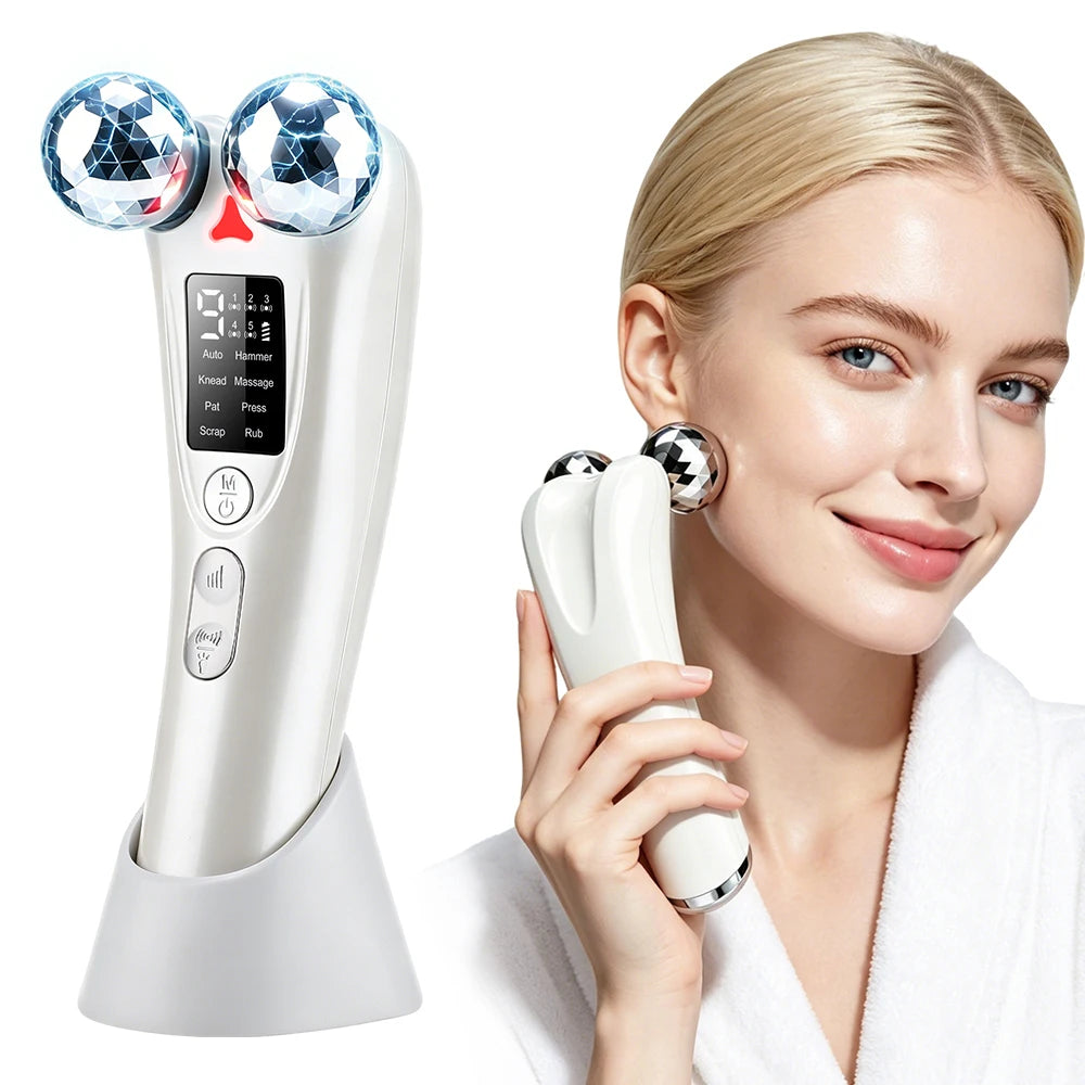 Facial Roller Massager 8 EMS Modes 5 Vibration Red Light 360 Rotating Rollers Eye Area Face Lifting with LED Display Base