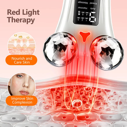 Facial Roller Massager 8 EMS Modes 5 Vibration Red Light 360 Rotating Rollers Eye Area Face Lifting with LED Display Base
