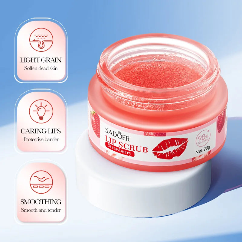 SADOER Strawberry Peach Lip Scrub Exfoliating Dead Skin Removal Dark Lip Fading &amp; Moisturizing Hydrating Lip Balm Oil