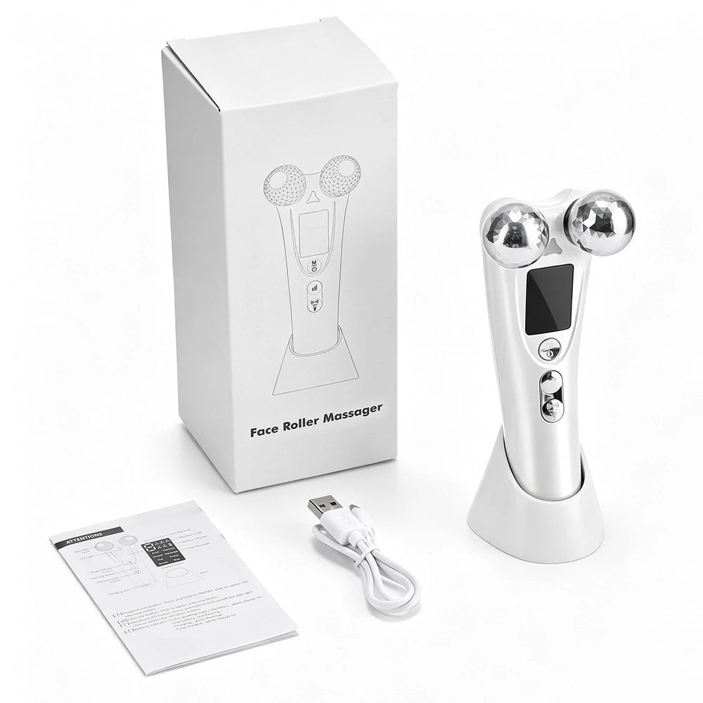 Facial Roller Massager 8 EMS Modes 5 Vibration Red Light 360 Rotating Rollers Eye Area Face Lifting with LED Display Base