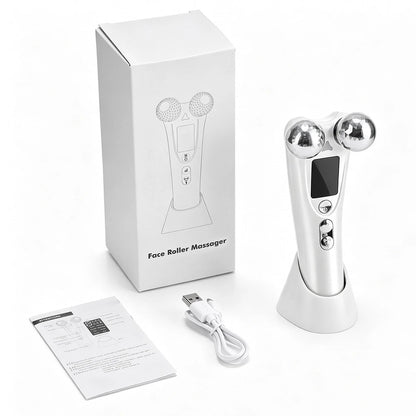 Facial Roller Massager 8 EMS Modes 5 Vibration Red Light 360 Rotating Rollers Eye Area Face Lifting with LED Display Base